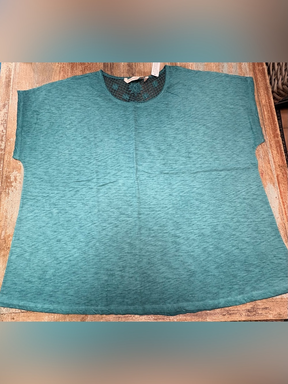 Soft Surroundings Teal Crochet Yoke Knit Top